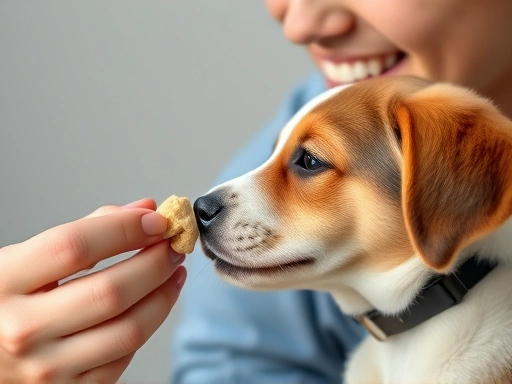 보호자가 강아지에게 최고 가치의 간식을 손에 들고 긍정적인 미소로 칭찬하며 보상하는 클로즈업 장면