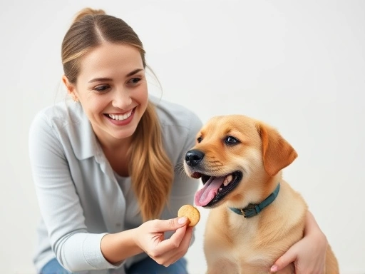 밝은 미소를 짓는 여성과 그녀의 사랑스러운 강아지가 긍정적인 강화 훈련 세션에 참여하고, 보상으로 맛있는 간식을 즐거워하고 있습니다.