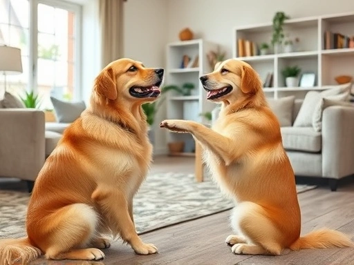 넓은 거실에서 보호자가 앉아 있는 골든 리트리버에게 손을 내밀며 '기다려' 명령을 가르치는 모습