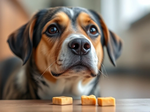 간식을 앞에 두고 보호자의 지시를 기다리는 강아지의 클로즈업, 집중하는 강아지의 눈빛, 기다려 훈련 보상