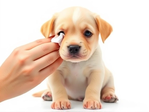 눈물자국이 심한 밝은색 털의 귀여운 강아지가 카메라를 응시하며 앉아있고, 보호자의 손이 부드럽게 눈물자국을 닦아주는 모습