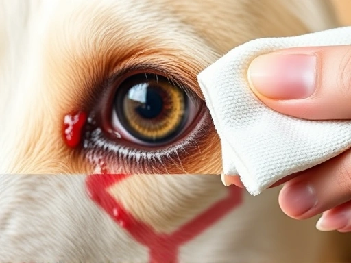 강아지 눈 밑에 있는 붉은색 눈물자국을 클로즈업한 사진, 강아지 눈물자국 제거를 위해 사용되는 부드러운 천과 물방울이 담긴 모습