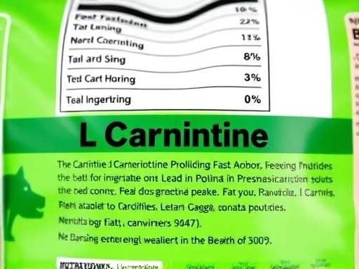 강아지 다이어트 사료의 영양 성분표와 L-카르니틴(L-Carnitine) 글씨가 선명하게 보이는 사료 포대가 클로즈업된 모습