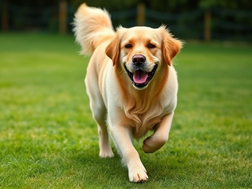 체중이 과도한 귀여운 골든 리트리버가 저칼로리 다이어트 사료를 먹고 건강하게 체중을 감량하여 활기차게 뛰어노는 모습