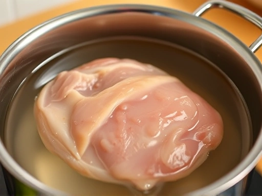 따뜻한 주방에서 강아지에게 주기 위해 뼈, 껍질, 지방이 완벽하게 제거된 깨끗한 닭가슴살을 냄비에 넣고 물에 잠긴 상태로 삶는 모습