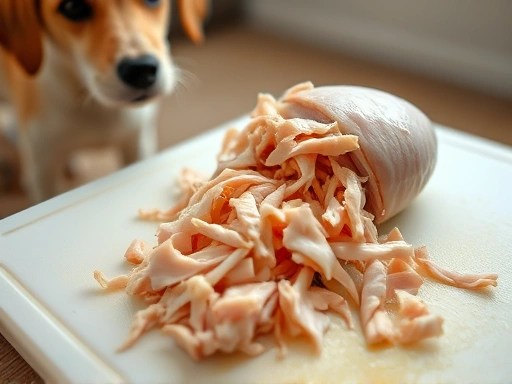 삶아진 닭고기를 깨끗한 도마 위에서 잘게 찢거나 다지는 클로즈업.