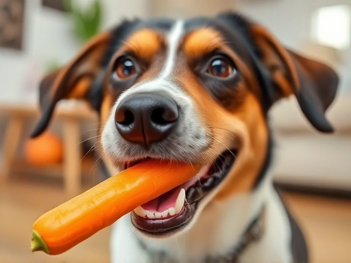 A close-up shot of a healthy, vibrant dog happily chewing on a small, safely prepared piece of carrot, with a blurred background suggesting a home environment.
