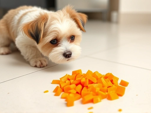 A small dog, perhaps a Bichon Frise or Poodle, looking curiously at a pile of perfectly chopped, small pieces of carrot on a clean floor, ready to be eaten.