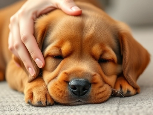 편안하게 누워있는 갈색 강아지에게 부드럽게 마사지를 해주는 따뜻한 색감의 클로즈업 이미지