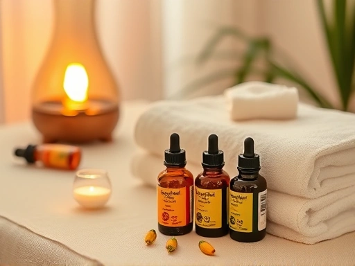 강아지 마사지에 사용되는 천연 오일과 부드러운 수건, 편안한 분위기