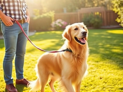 따뜻한 햇살 아래 잔디밭에서 한 반려인이 밝게 웃으며 황금색 리트리버에게 올바른 목줄을 착용시키는 장면