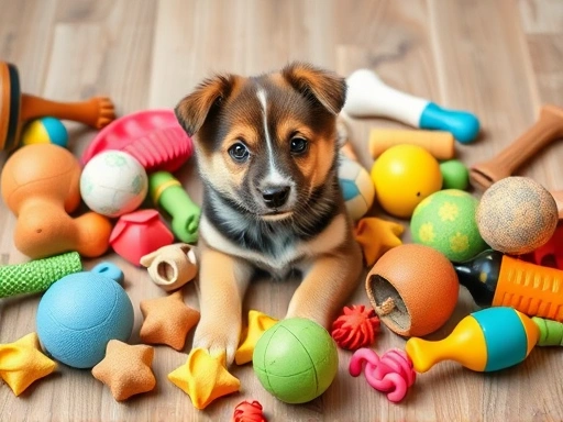 다양한 종류의 안전한 씹을 거리(chew toys)에 둘러싸여 행복하게 놀고 있는 활기찬 강아지의 모습