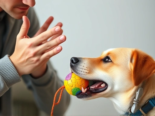 주인이 강아지에게 긍정 강화 훈련을 통해 올바른 장난감을 씹도록 유도하고 칭찬하는 클로즈업 장면