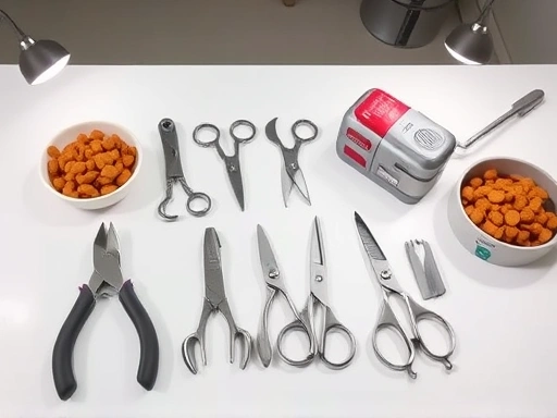 다양한 종류의 강아지 발톱깎이 (길로틴, 가위형, 그라인더)와 지혈제가 깨끗한 테이블 위에 정돈되어 있는 모습