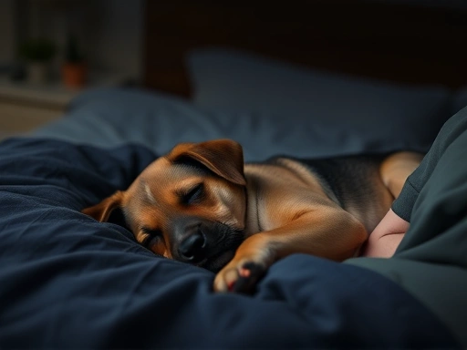 밤에 잠든 보호자 옆에서 편안하게 잠들어 있는 조용한 강아지, 침실은 아늑하고 어두우며, 강아지 밤 짖음 문제 해결의 평화로운 순간을 보여줍니다.