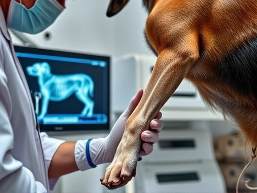 동물병원 내부에서 수의사가 강아지의 다리를 세심하게 진찰하고 있는 클로즈업 장면