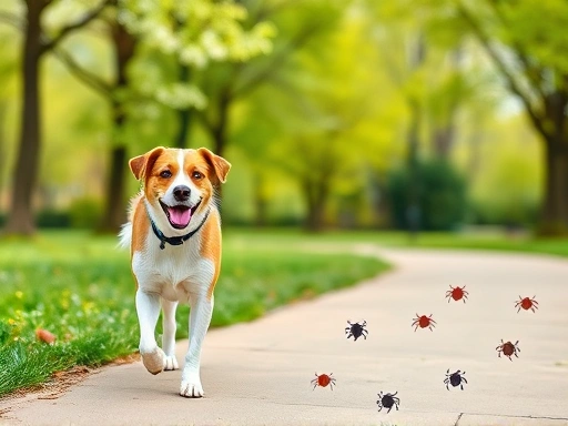 따뜻한 봄날, 초록빛 공원에서 즐겁게 산책하는 행복한 강아지 옆으로 작은 진드기 아이콘들이 흩뿌려져 있는 모습