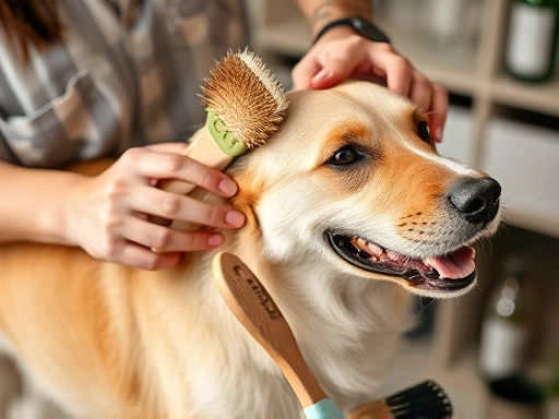 다양한 종류의 강아지 브러시와 함께 반려견을 부드럽게 빗질하는 보호자의 모습