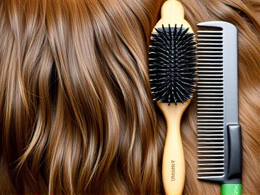 슬리커 브러시, 핀 브러시, 콤 등 여러 강아지 브러시들이 나란히 놓여 있고, 그 옆으로 잘 빗질된 강아지의 윤기 나는 털이 클로즈업된 모습