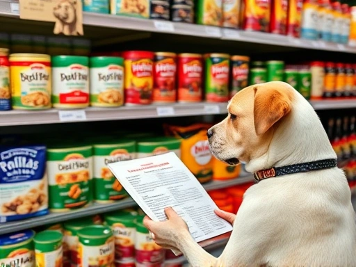 다양한 강아지 사료 브랜드가 진열된 선반 앞에서, 사료 성분표를 꼼꼼히 확인하는 주인의 모습