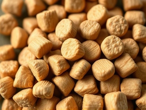 강아지 사료 알갱이를 클로즈업하여 보여주는 이미지