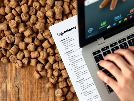 근접 촬영된 강아지 사료 알갱이들과 그 옆에 사료 성분표가 펼쳐진 종이, 그리고 노트북으로 강아지 사료 정보를 검색하는 손의 모습