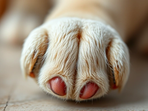 강아지 발의 클로즈업, 깨끗하게 닦여진 발바닥의 촉촉함과 건강함이 느껴지는 섬세한 묘사, 고화질