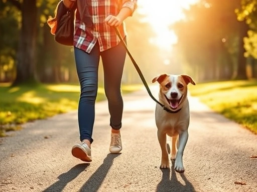 따뜻한 햇살 아래, 보호자와 함께 줄을 당기지 않고 차분하게 걷는 강아지의 행복한 산책 모습
