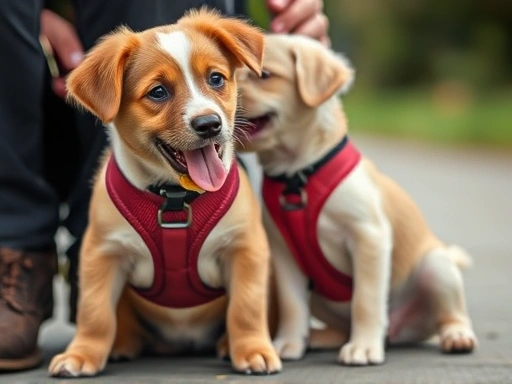 강아지가 Y형 하네스를 착용하고 보호자 옆에 앉아 간식을 받는 클로즈업 사진.