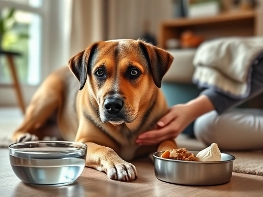 따뜻한 집 안에서 주인이 걱정스러운 표정으로 바닥에 엎드려 있는 강아지를 부드럽게 쓰다듬고 있고, 강아지 옆에는 물그릇과 부드러운 사료가 놓여있는 장면