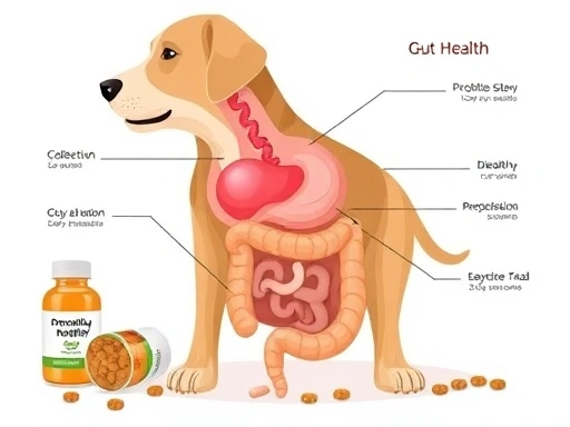 근접 촬영된 강아지의 소화기 구조를 보여주는 깔끔한 의학 일러스트레이션으로, 장 건강과 소화 과정을 강조하며, 설사 원인 분석에 대한 정보를 시각화합니다.