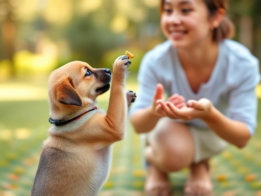 활기찬 강아지가 주인의 손에 있는 간식을 보며 한쪽 앞발을 들어 올리는 모습