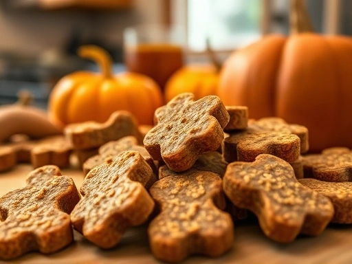 따뜻한 주방 조명 아래, 강아지 수제 간식의 바삭한 질감과 먹음직스러운 모습