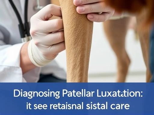 수의사가 강아지의 다리 관절을 조심스럽게 진찰하는 클로즈업, 슬개골 탈구 진단과 전문적인 관리의 중요성 부각