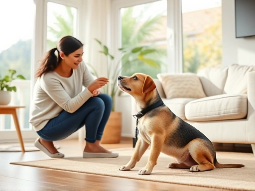 따뜻한 햇살이 드는 거실에서, 보호자가 강아지에게 간식으로 '앉아' 자세를 유도하고 있는 평화로운 장면