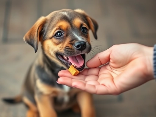 강아지가 앉아있는 자세에서 보호자의 손에서 간식을 받아먹으며 행복해하는 표정을 클로즈업한 장면