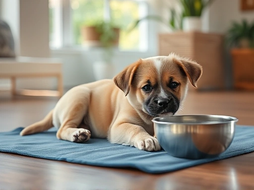 시원한 실내에서 강아지가 쿨매트 위에서 편안하게 쉬고 있으며, 옆에는 신선한 물그릇이 놓여있는 모습