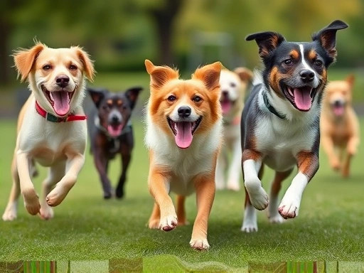다양한 견종의 강아지들이 공원에서 활기차게 뛰어놀고 있는 모습