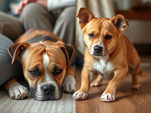 지쳐 보이는 강아지가 보호자 옆에서 쉬고 있거나, 반대로 집안에서 활기 넘치게 장난치는 모습
