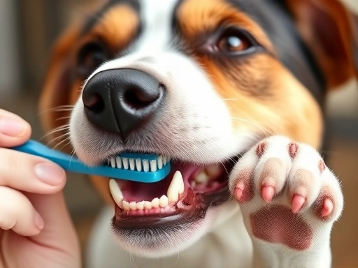 강아지가 깨끗한 칫솔로 양치하는 클로즈업 장면