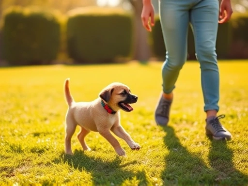 따뜻한 햇살 아래 잔디밭에서 한 어린 강아지가 행복하게 보호자의 부름에 반응하며 달려오는 모습