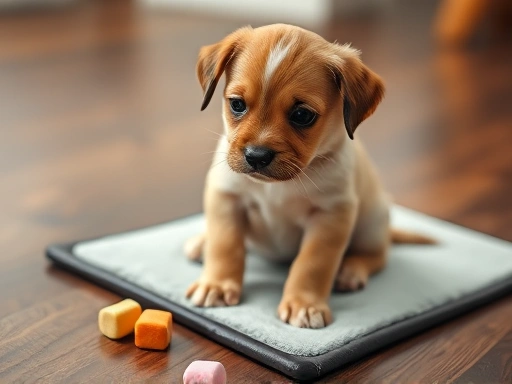 배변 패드 위에 앉아있는 작은 강아지가 간식을 바라보고 있는 클로즈업 사진.