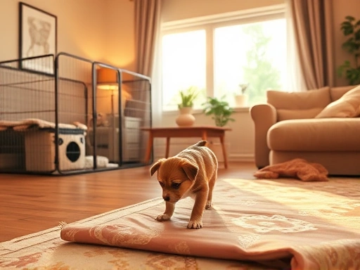 따뜻한 불빛이 비치는 거실 한쪽에 강아지 전용 울타리와 푹신한 침대가 놓여있고, 한 마리의 강아지가 새로운 보금자리를 조심스럽게 탐색하는 모습
