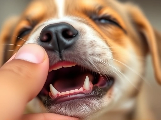 Close-up on a young puppy's mouth, showing its sharp teeth making contact with a human hand, highlighting the need for puppy biting training and gentle redirection in dog behavior.