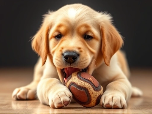 A playful puppy, perhaps a Golden Retriever, gently gnawing on a durable chew toy, demonstrating appropriate biting behavior during training, with a happy and relaxed expression.