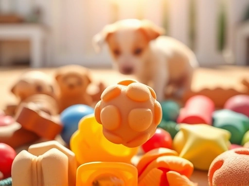 따뜻한 햇살 아래, 다양한 모양과 색상의 안전한 강아지 장난감들이 깔끔하게 진열되어 있는 장면