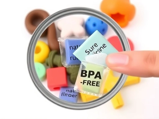 여러 종류의 강아지 장난감 재료 샘플이 투명한 확대경 아래 놓여 있는 클로즈업 이미지