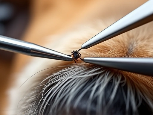 강아지 털 속에 숨어있는 아주 작은 진드기를 전용 핀셋으로 조심스럽게 제거하는 순간을 클로즈업하여, 진드기 제거의 정확하고 안전한 방법을 구체적으로 보여줍니다.