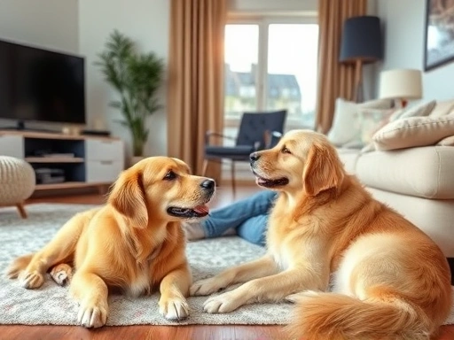 아파트 거실에서 행복하게 조용히 휴식을 취하고 있는 골든 리트리버와 그 옆에 앉아있는 보호자가 서로를 바라보며 미소 짓는 평화로운 장면
