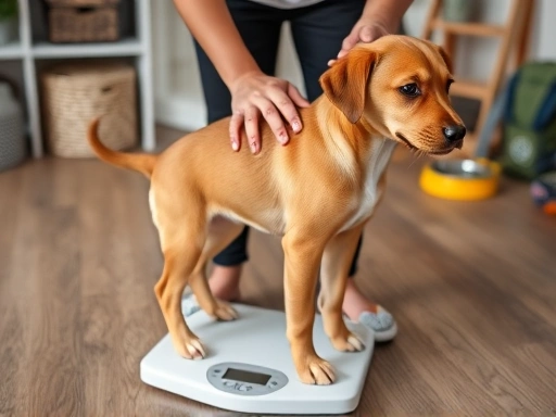 체중계에 올라가 있는 활기찬 강아지와, 강아지의 갈비뼈와 허리 라인을 손으로 부드럽게 만져보며 신체 충실도 점수를 평가하는 보호자의 모습